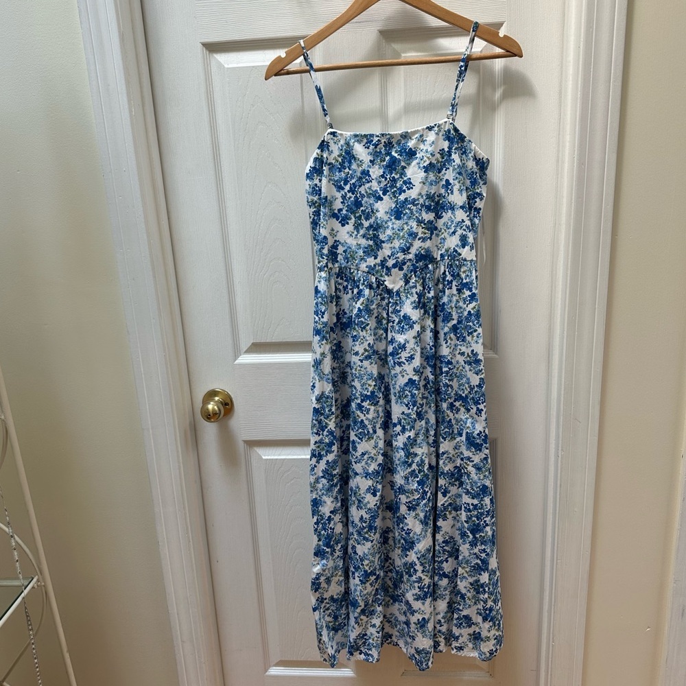 Japna Floral Blue White Women's Dress midi tiered drop waist M Medium